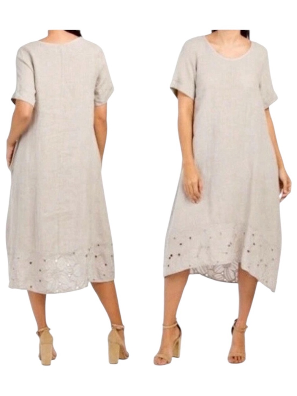 Rosemarine Dress Made in Italy Linen Short Sleeve Hi-Lo Embroidered Eyelet Hem M